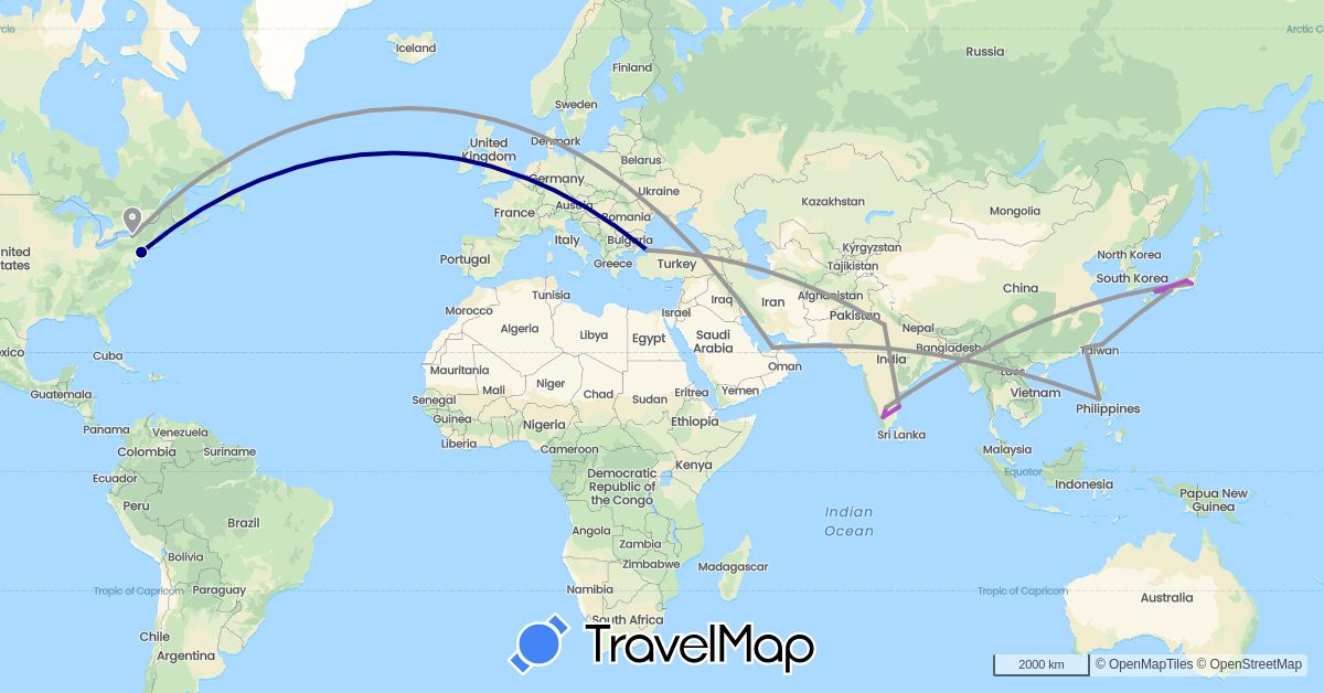 TravelMap itinerary: driving, plane, train in United Arab Emirates, China, India, Japan, Philippines, Turkey, Taiwan, United States (Asia, North America)